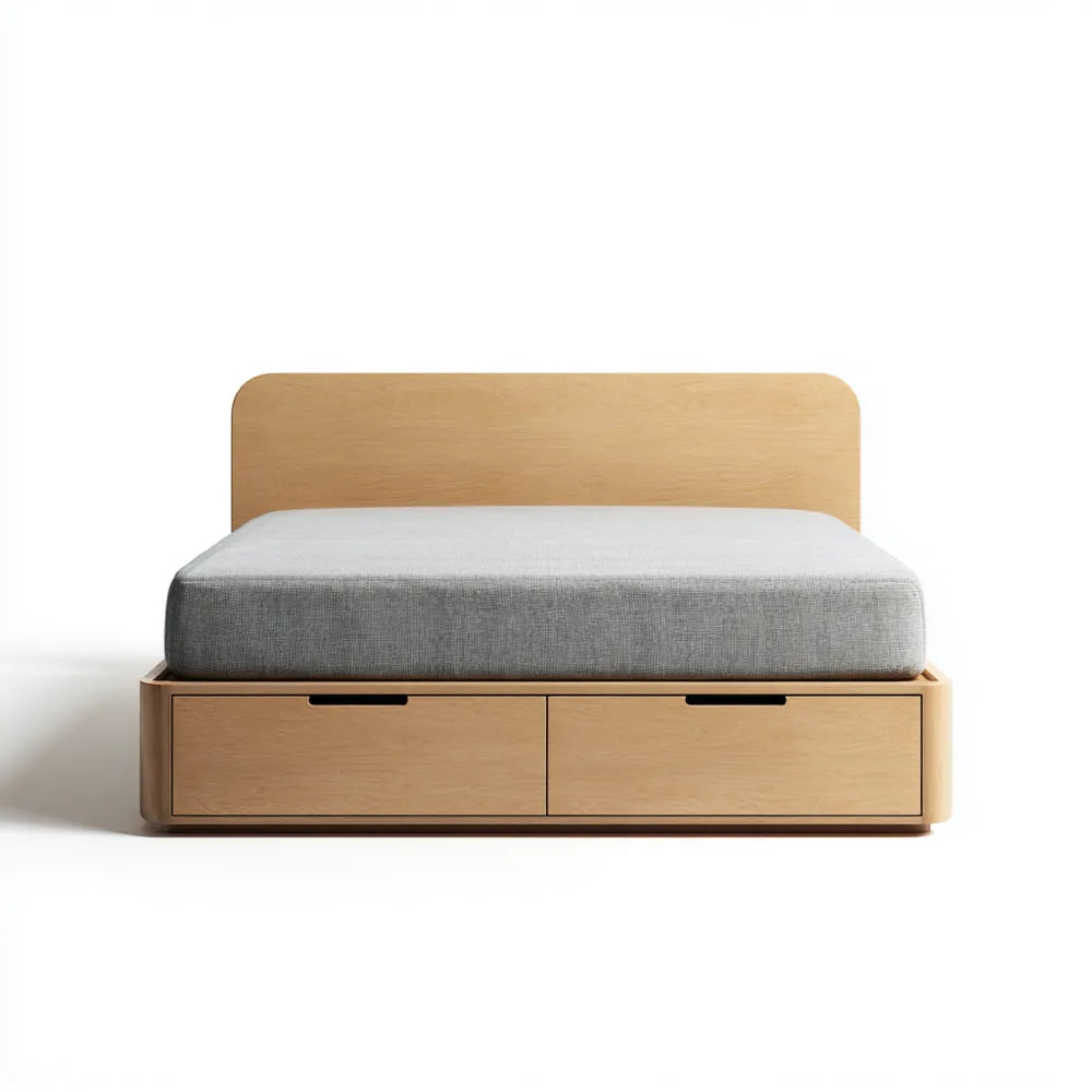 Double Bed with Storage - Wood 200x150x50 cm - Natural Finish - Modern Design