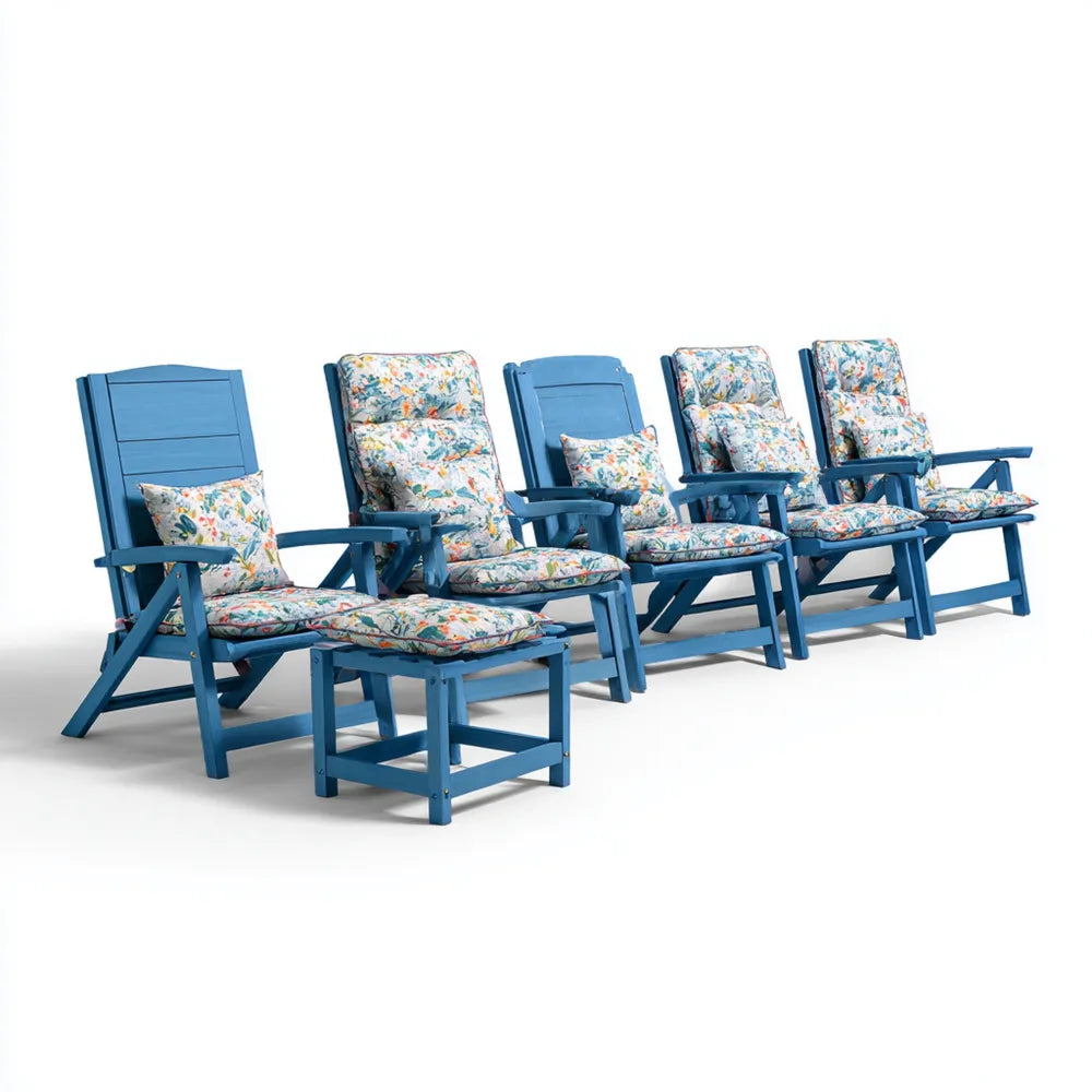 5-Piece Patio Recliner Set 90cm x 75cm x 100cm with Cushions - Wooden Frame - Blue Floral Design