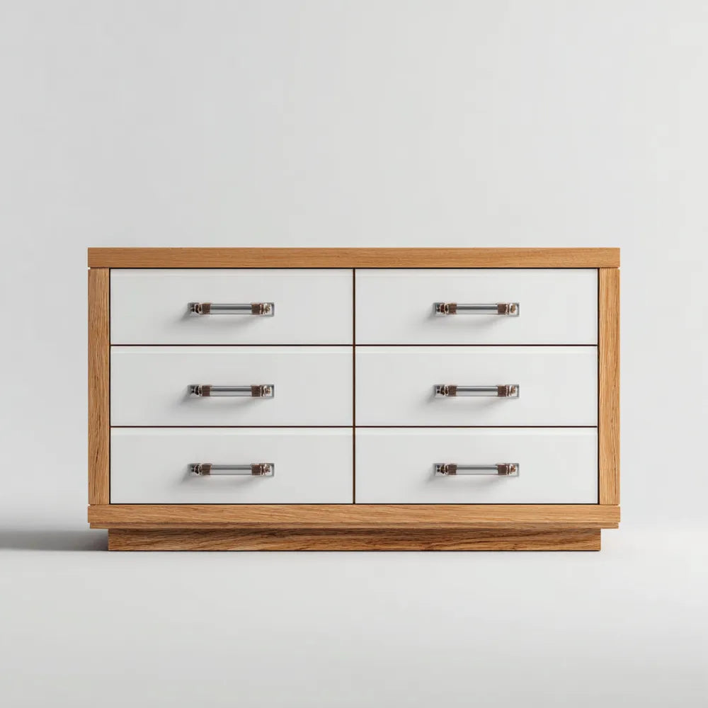 Modern Chest of Drawers 120x40x75 cm - Oak Frame with White Drawers - 6 Spacious Drawers