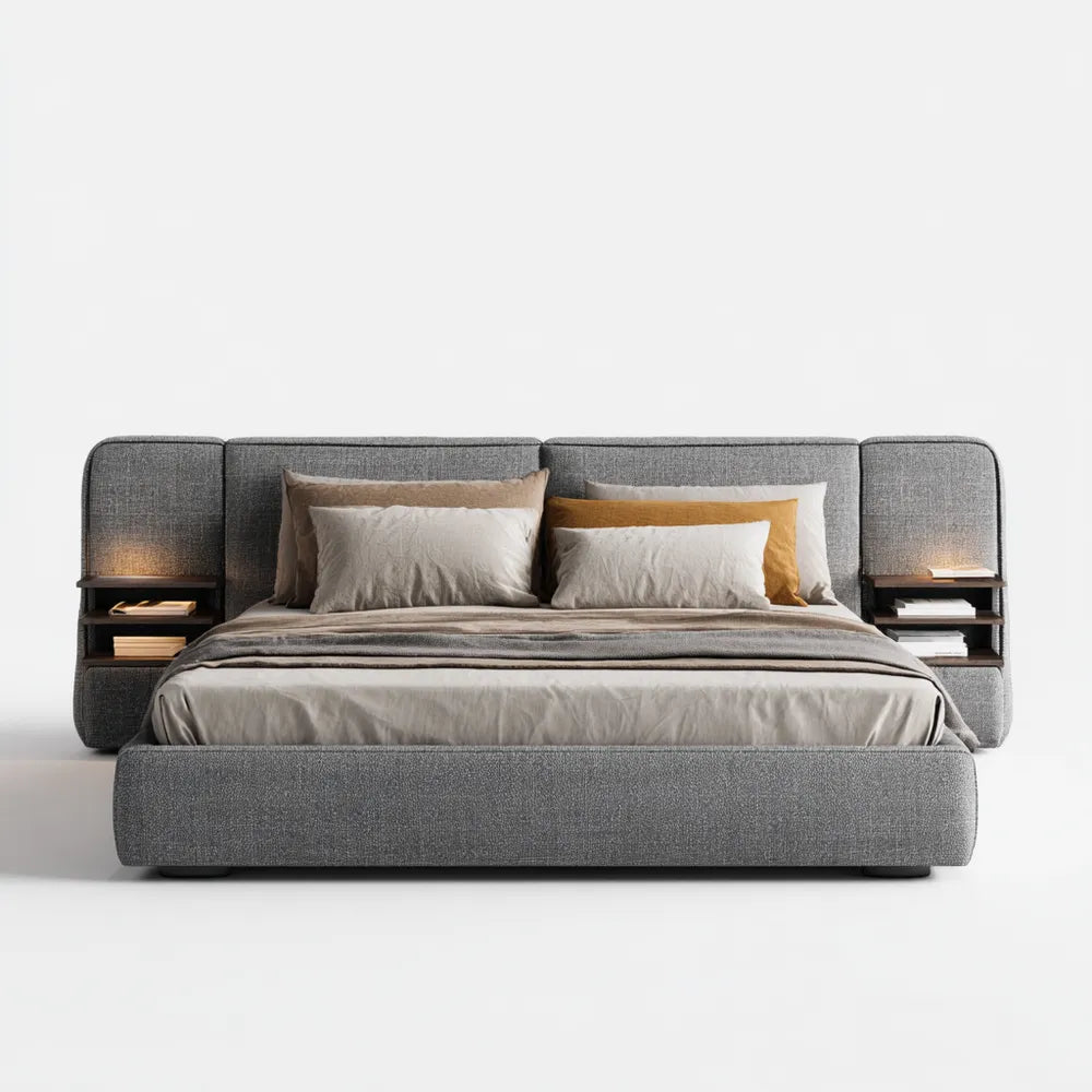 Double Bed Upholstered 200x160x90 cm - Light Gray - Modern Design with Built-in Shelves