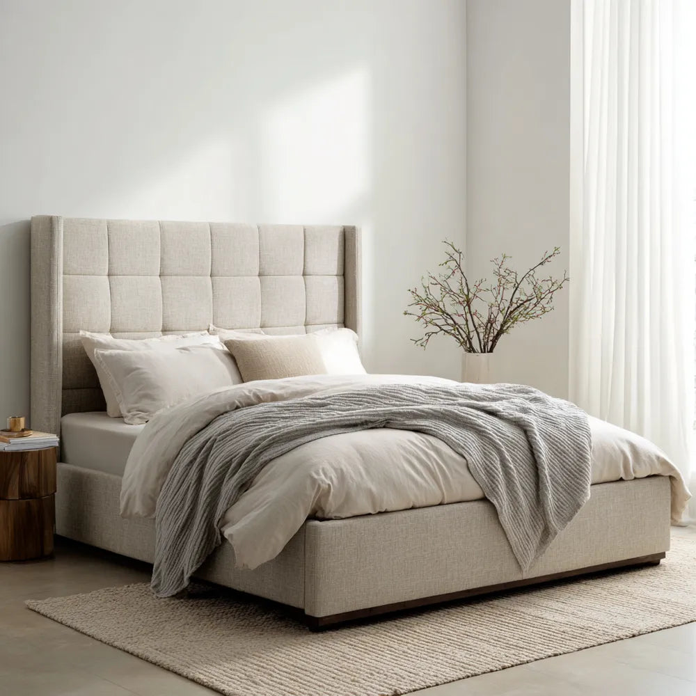 Double Bed Linen Upholstered 200x160x120 cm - Beige - Modern Design