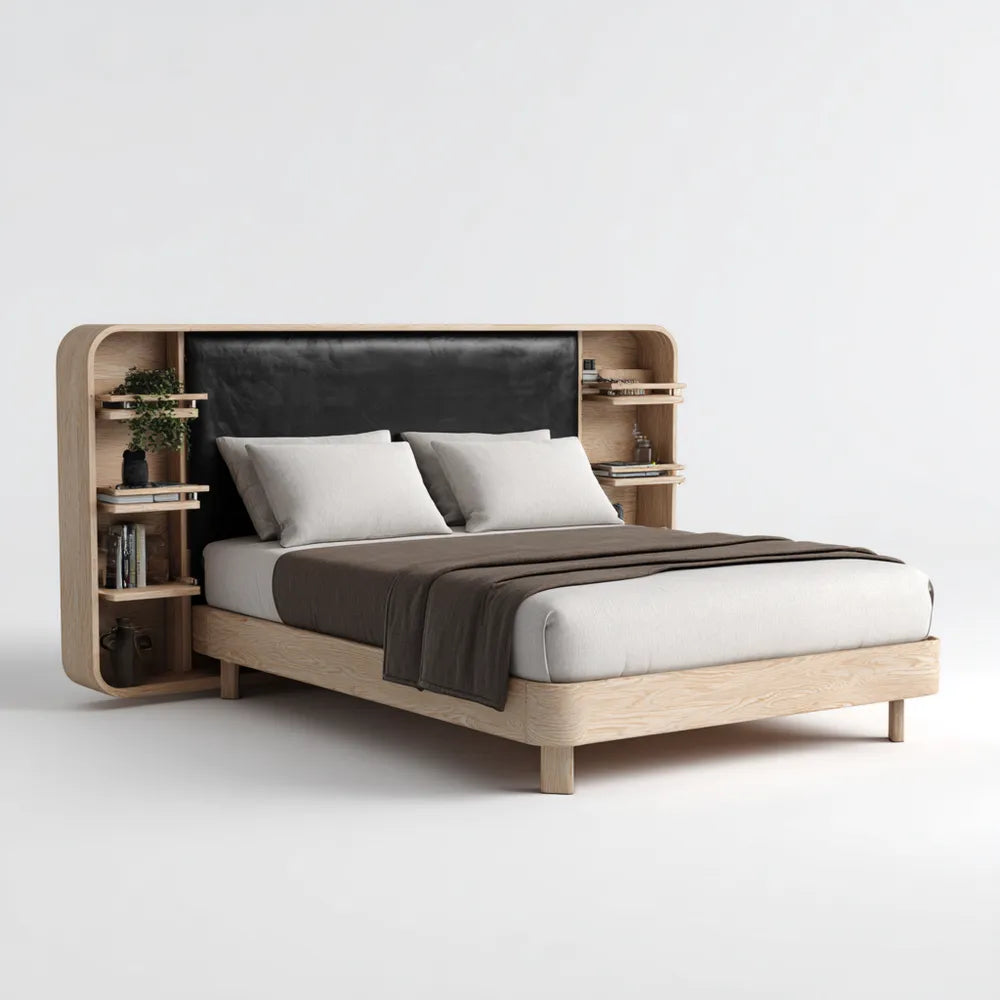 Double Bed 200x150x90 cm - Wood and Leather Upholstery - Black and Natural Finish - Contemporary Design